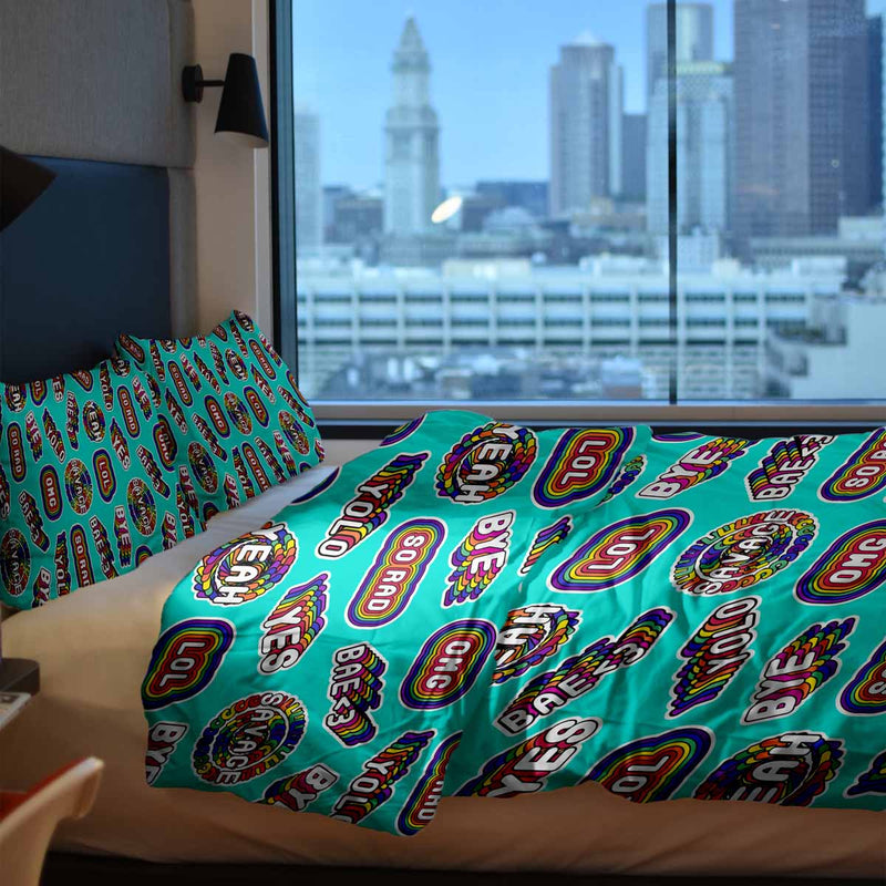 Therapy blanket and bedding set, turquoise with sayings.
