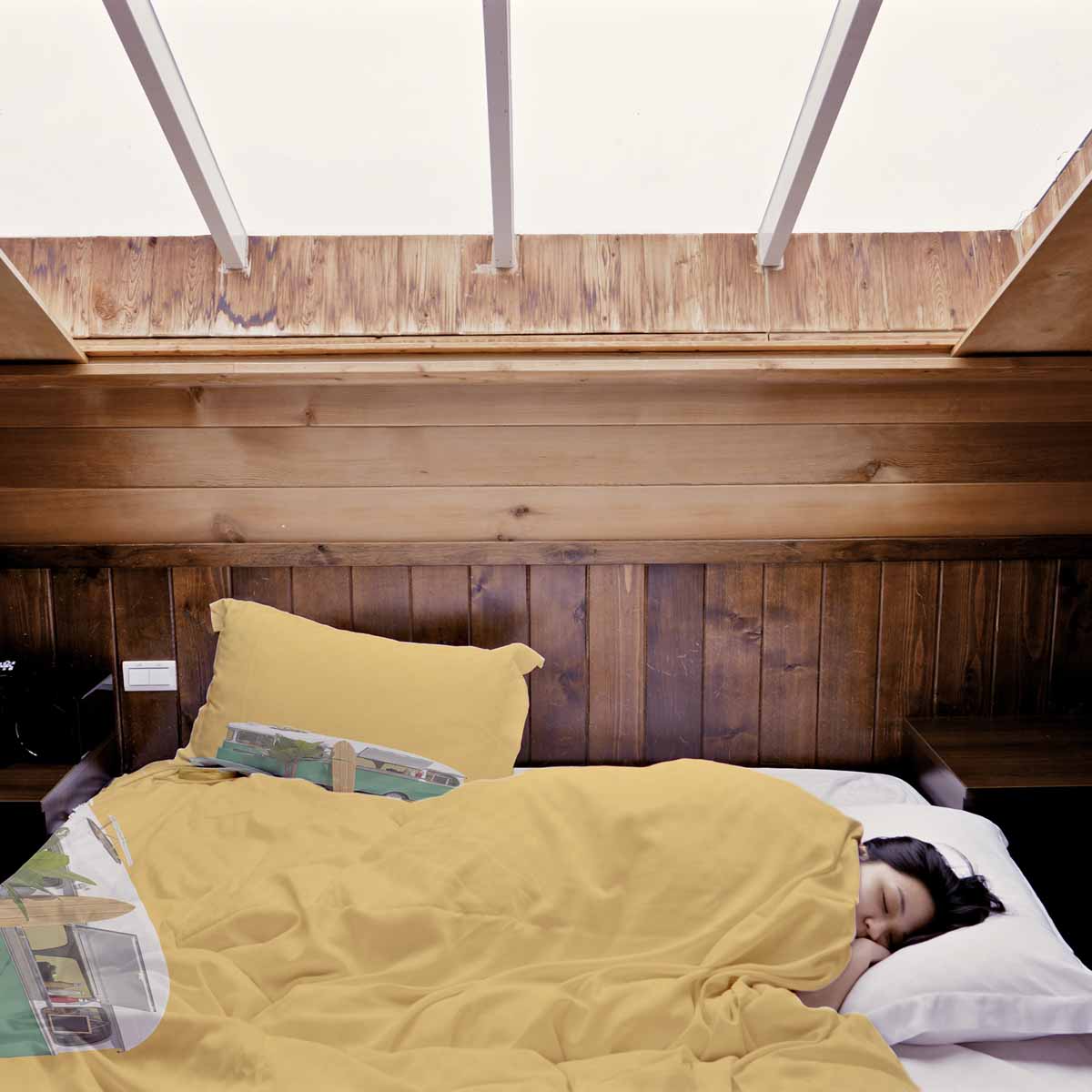 Couverture thérapeutique originale - Housse en coton jaune avec bus