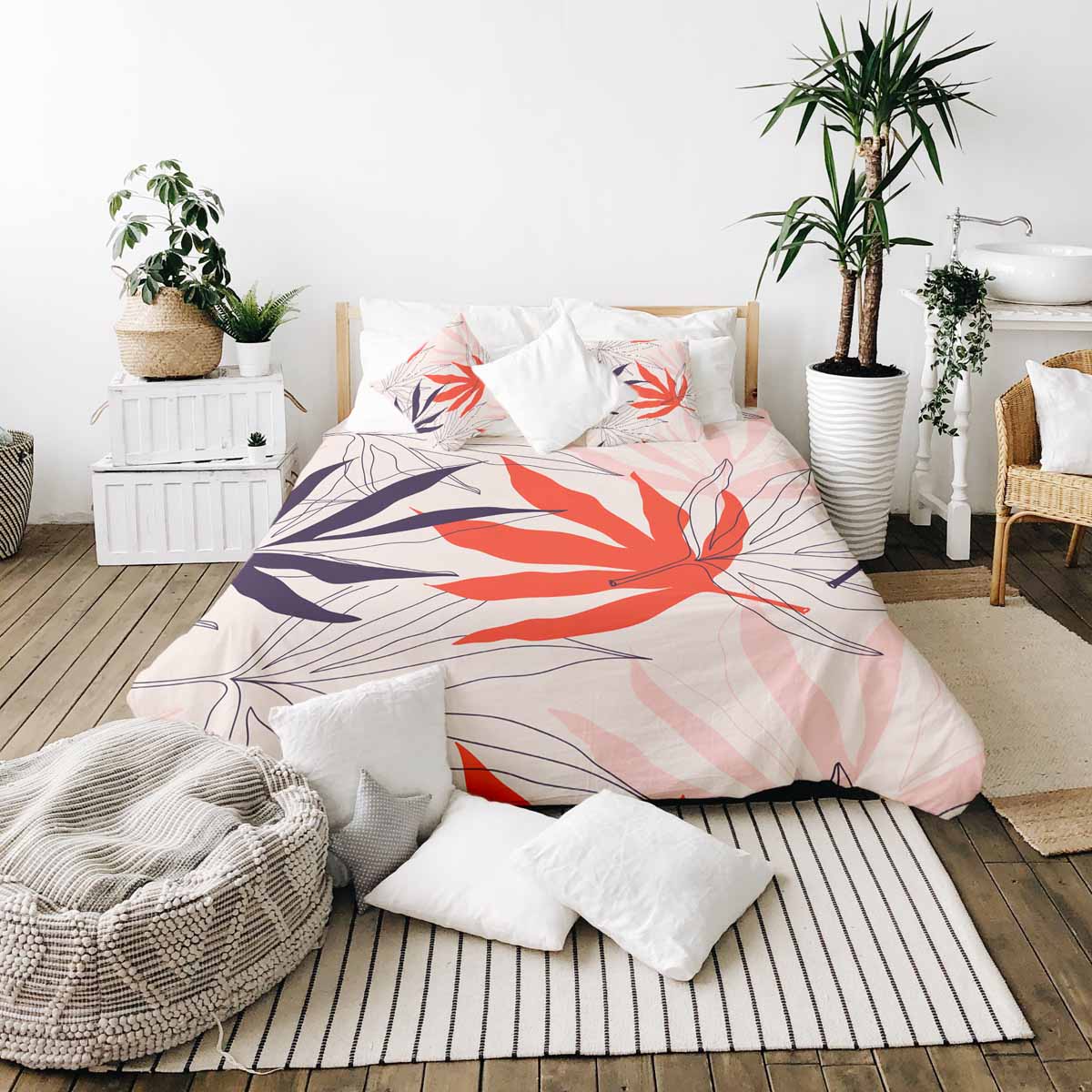 Couverture thérapeutique originale - Housse en coton beige avec feuilles colorées