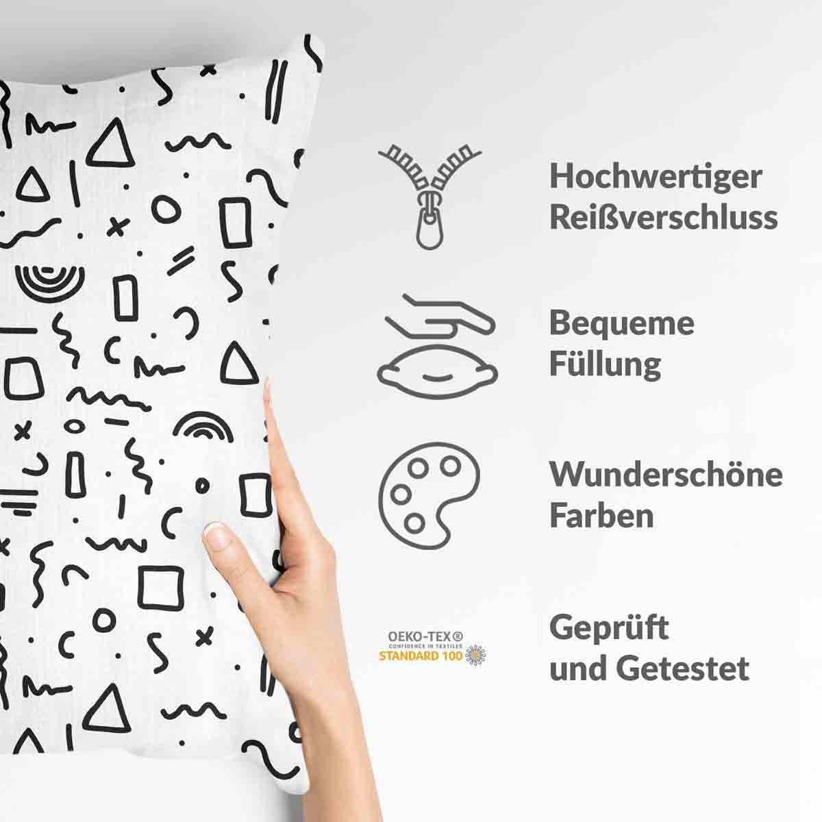 Coussin de santé blanc avec formes en noir