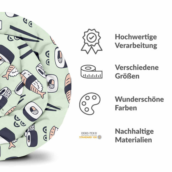 Therapy blanket and bedding set, light green with sushi.