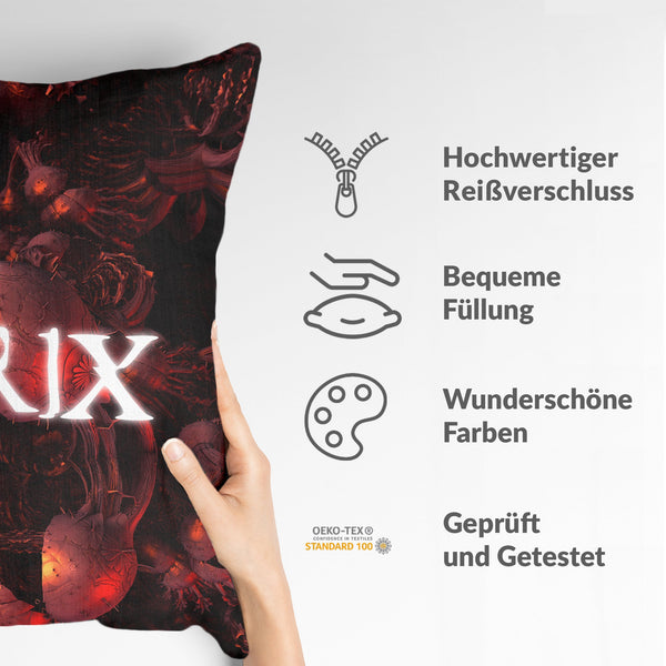 Health pillow red with "The Matrix" lettering.
