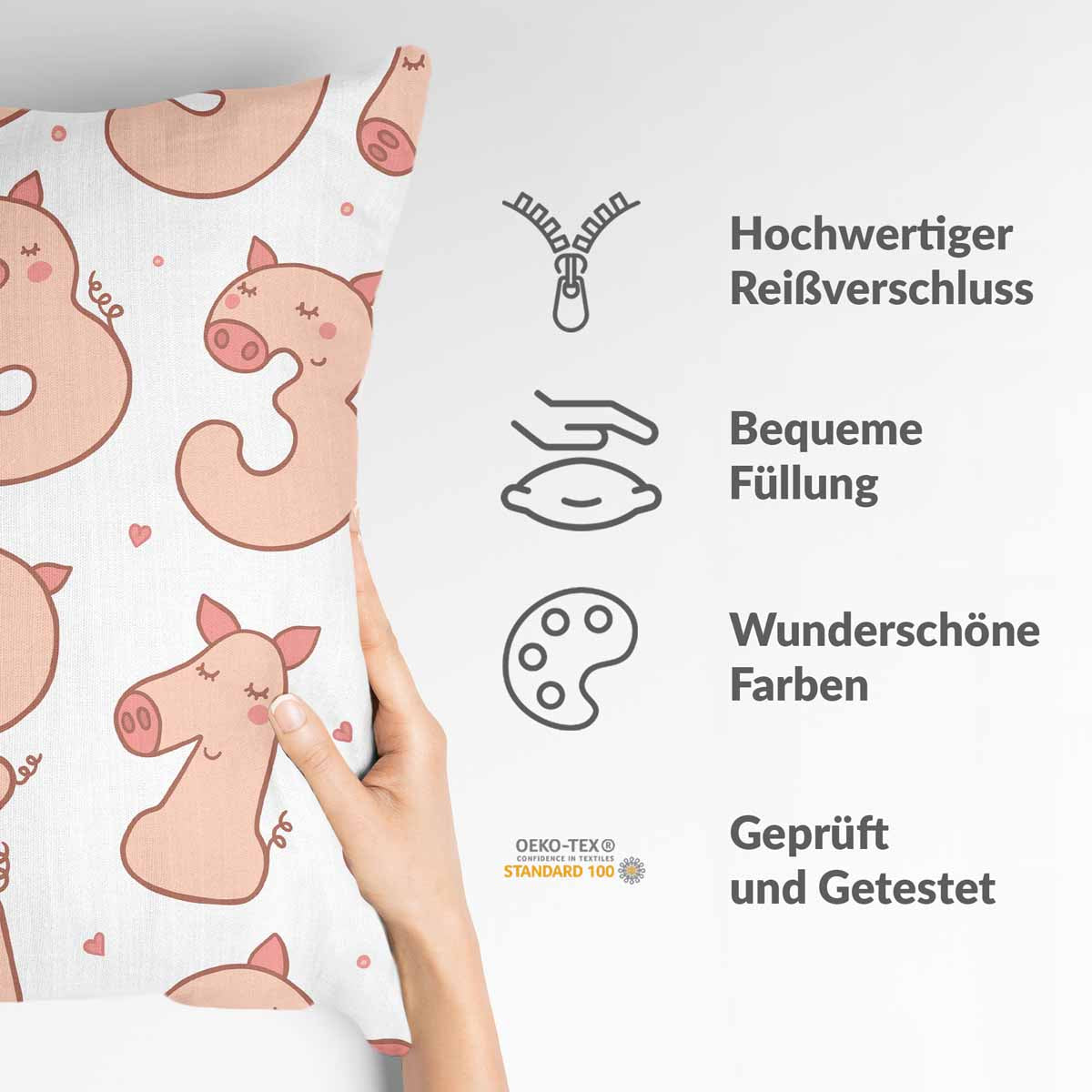 Health pillow white with numbers and pigs