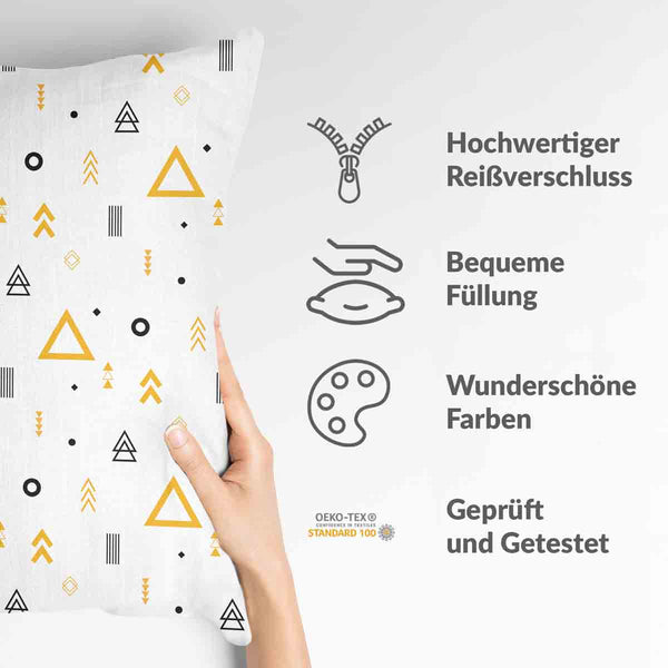 Health pillow, white with yellow triangles.