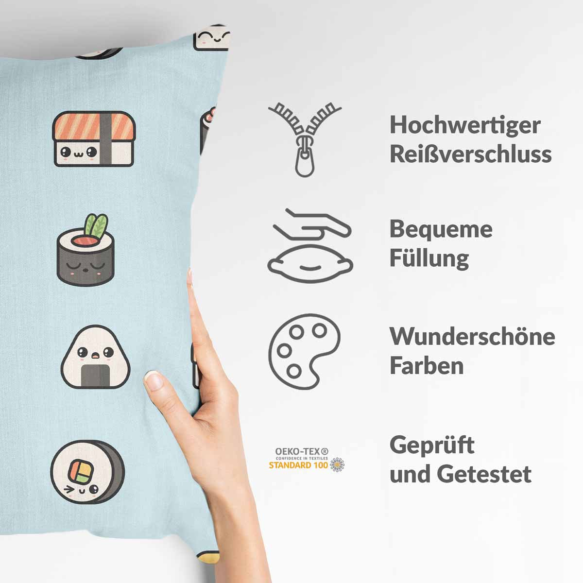 Coussin de santé bleu clair avec sushi