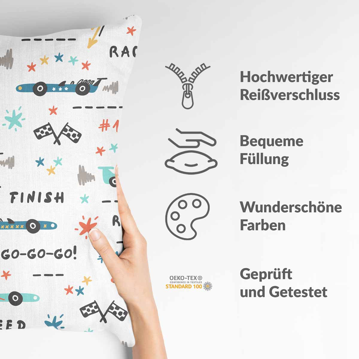 Coussin de santé blanc avec voitures de course