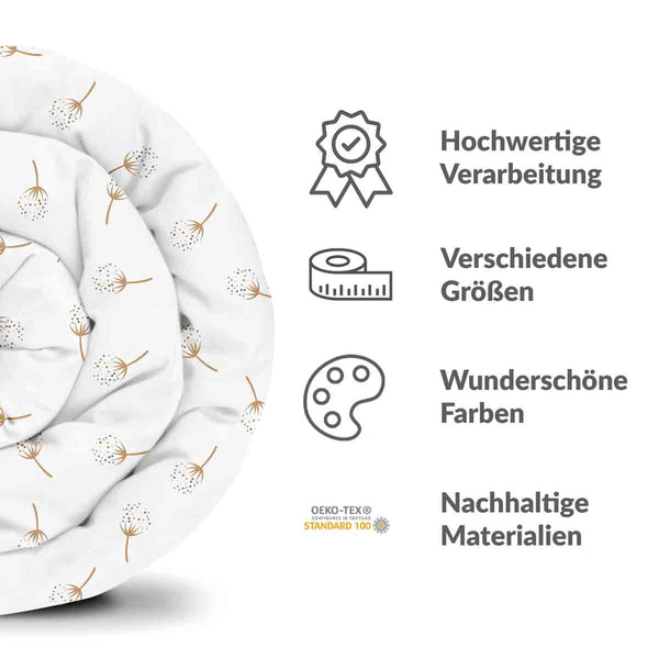 Therapy blanket and bedding set, white with dandelion flowers.