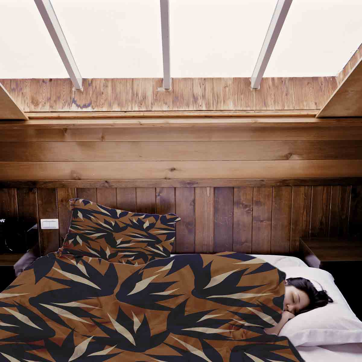 Couverture thérapeutique originale - Housse en coton marron avec feuilles bleues
