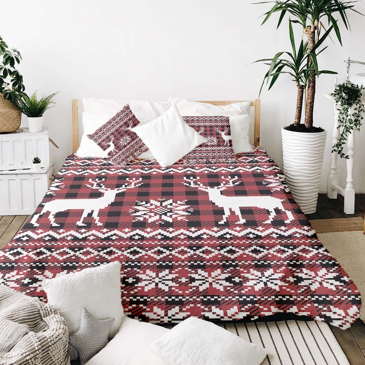Therapy blankets bedding set checkered with reindeer