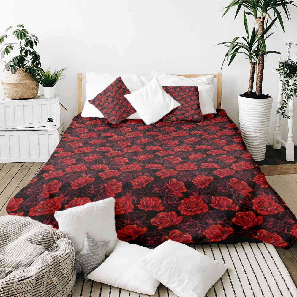 Therapy blankets bedding set black with red roses