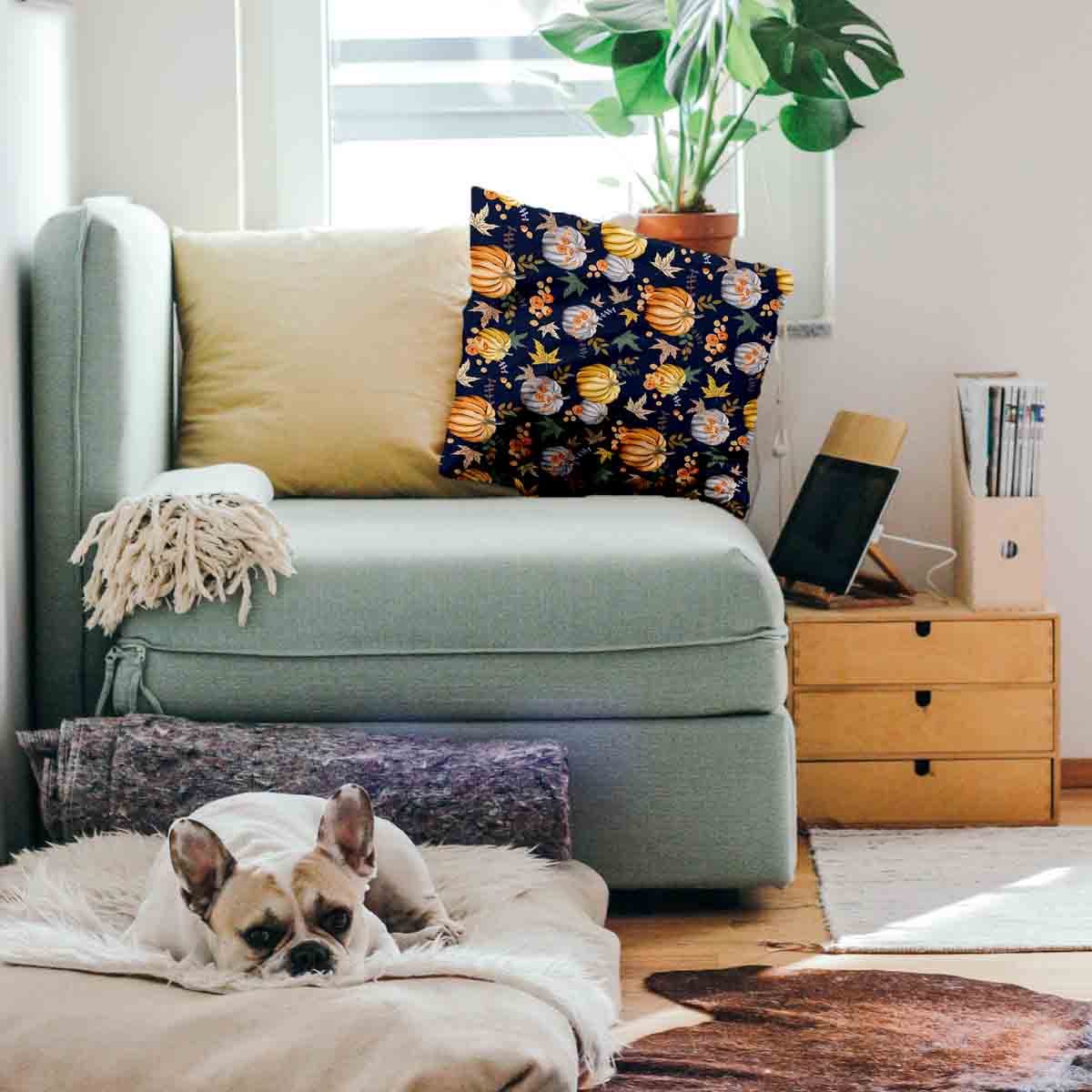 Coussin de santé bleu avec des citrouilles