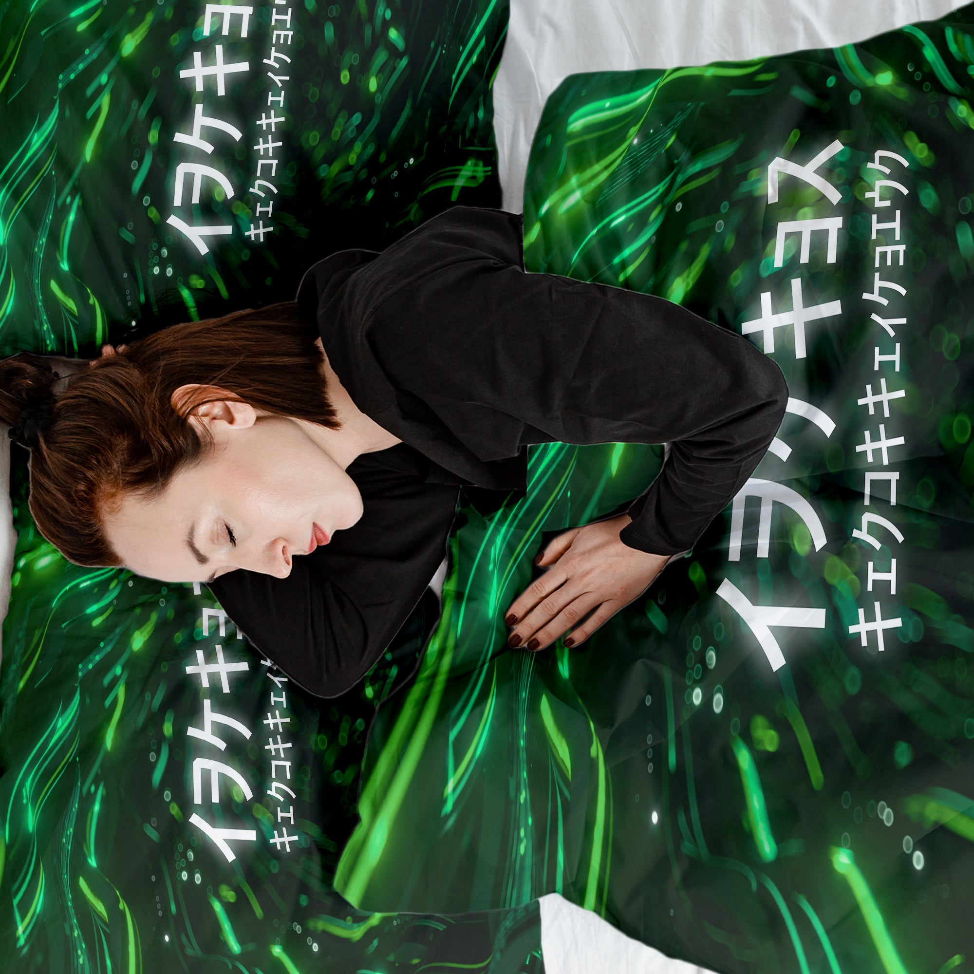 Ensemble de literie avec couverture thérapeutique verte et caractères chinois