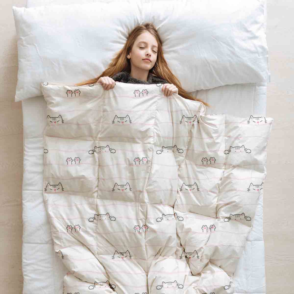Couverture thérapeutique originale - Housse en coton blanche avec petits chats