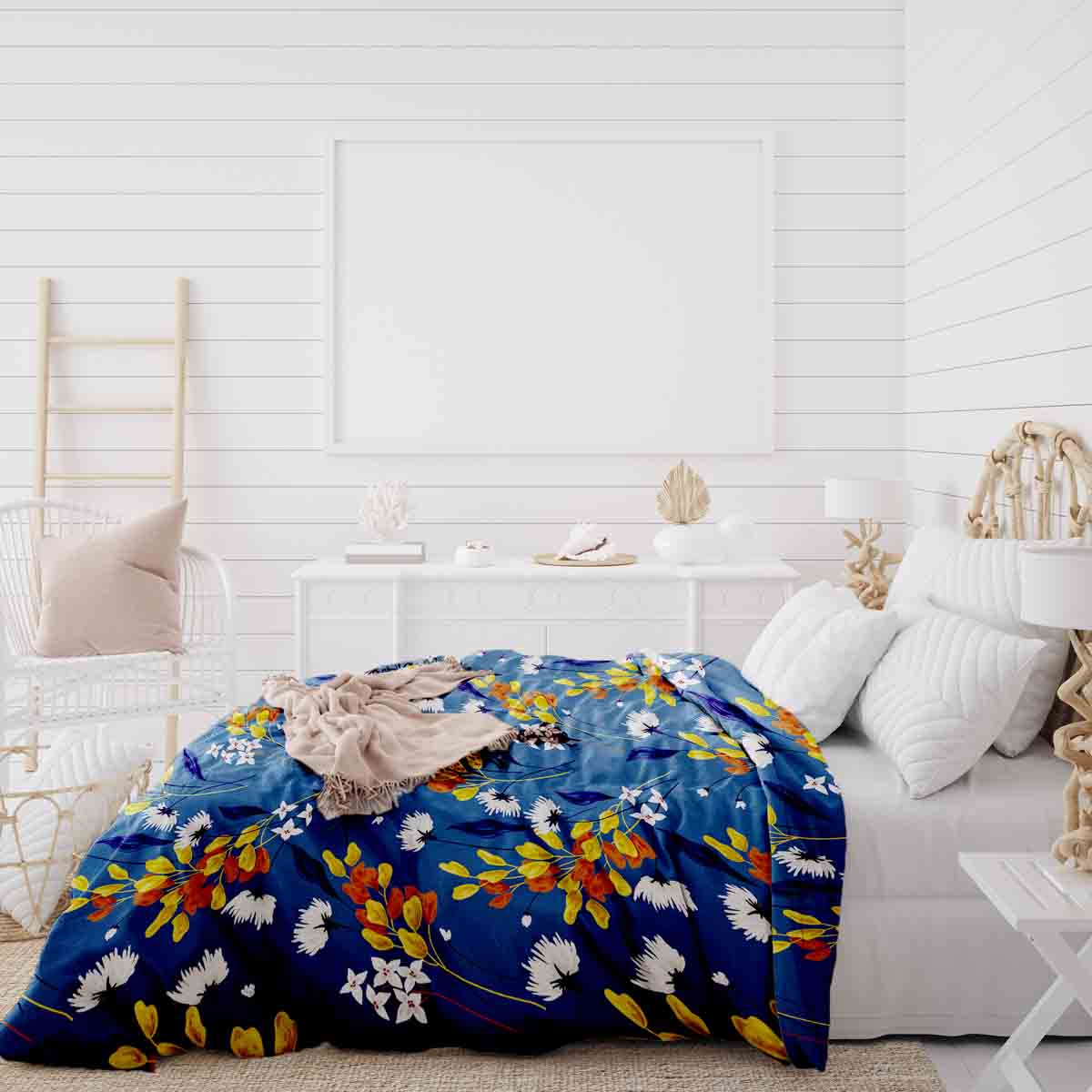 Couverture thérapeutique originale - Housse en coton bleue avec bouquet de fleurs
