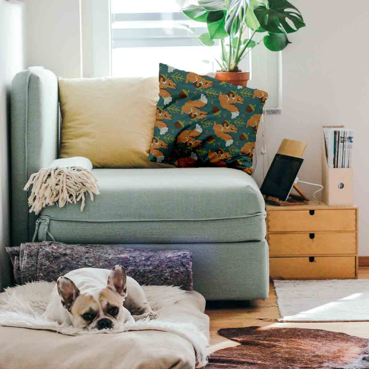 Coussin de santé vert avec écureuil