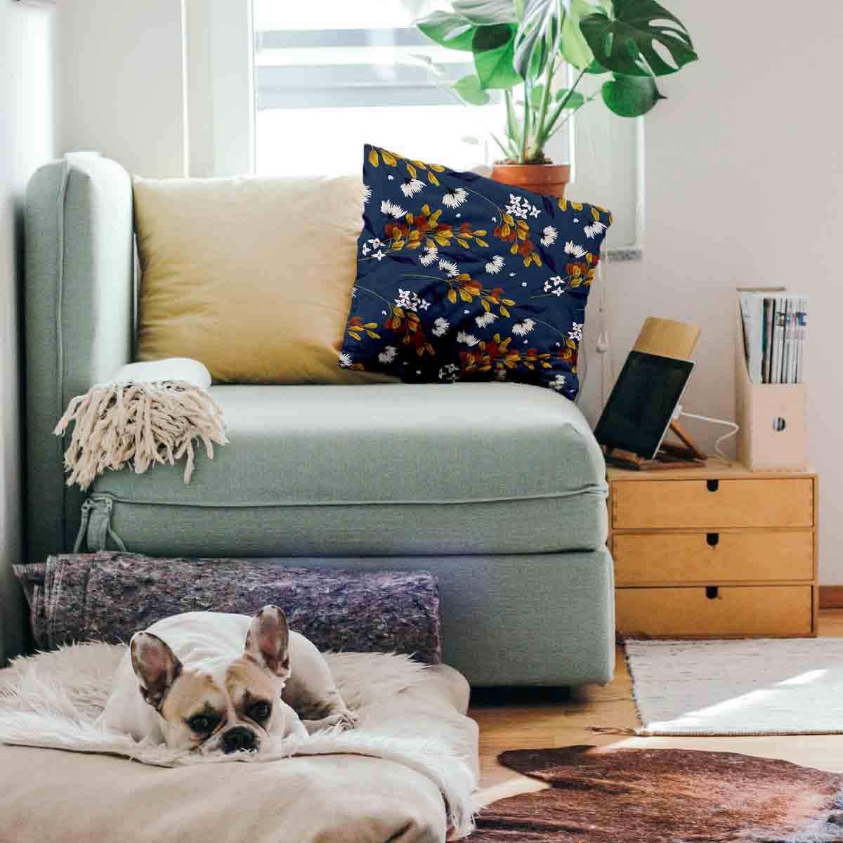 Coussin de santé bleu avec bouquet de fleurs