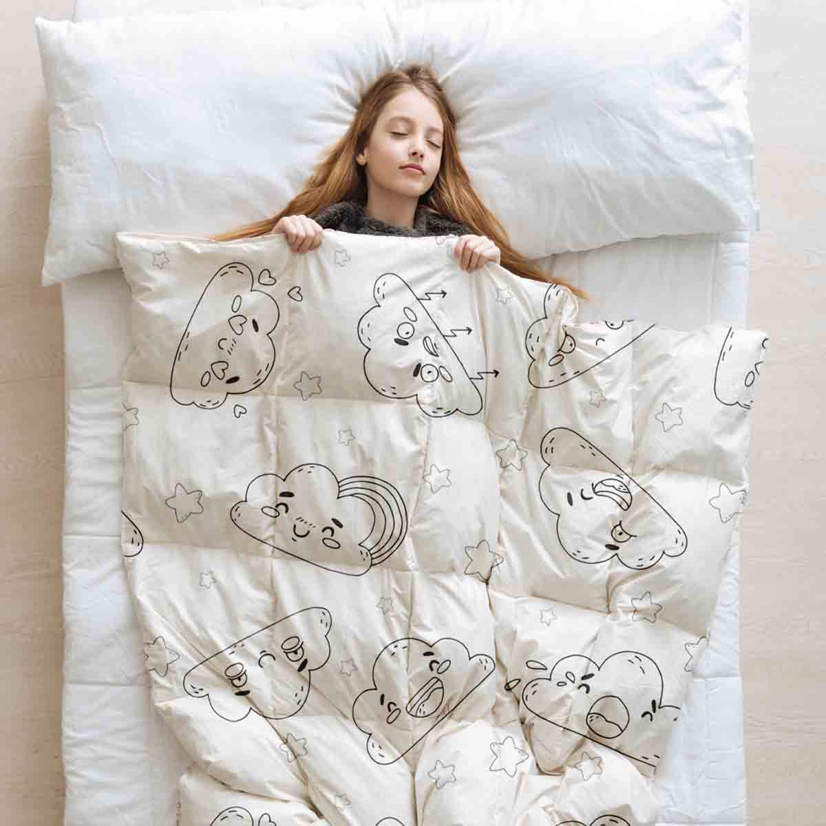 Couverture thérapeutique originale - Housse en coton blanche avec des nuages amusants