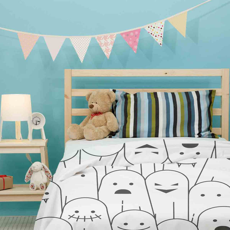 Therapy blanket and bedding set, white with funny ghosts.