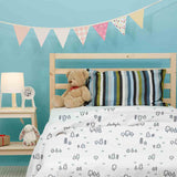 Therapy blanket and bedding set, white with dots and trees.