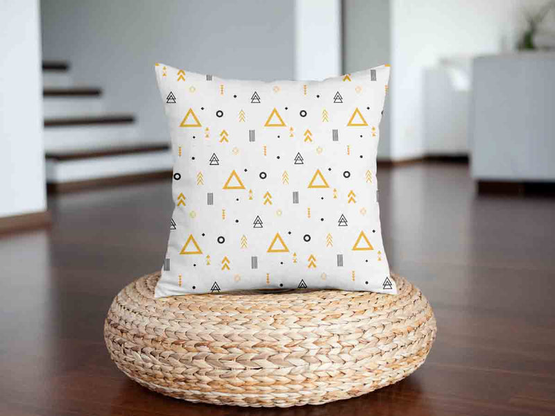 Health pillow, white with yellow triangles.