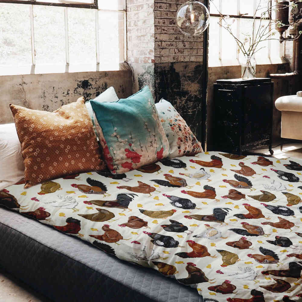 Couverture thérapeutique originale - Housse en coton blanc avec beaucoup de poulets