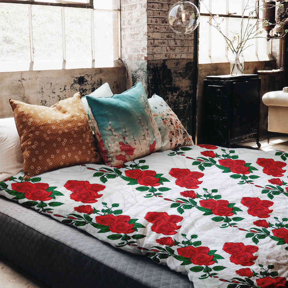 Couverture thérapeutique originale - Housse en coton blanc avec buisson de roses