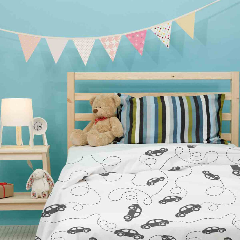 Therapy blanket and bedding set with black cars.