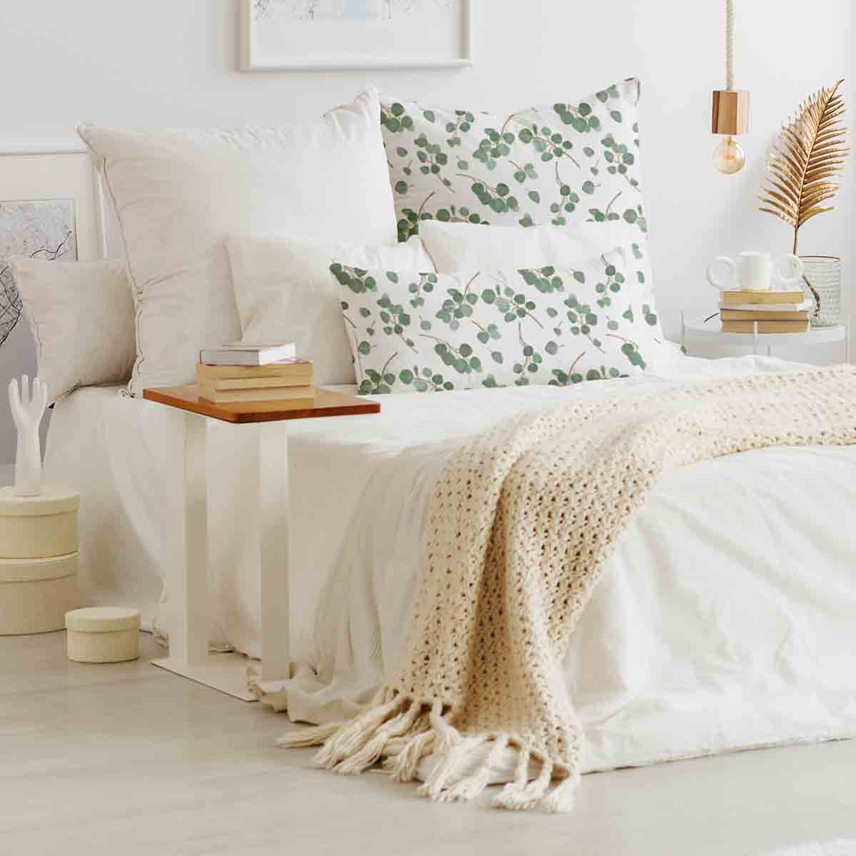 Health pillow white with eucalyptus branches