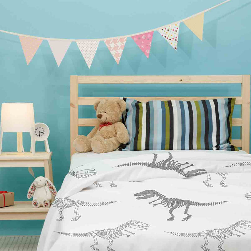 Therapy blanket bedding set, white with dinosaur skeleton.