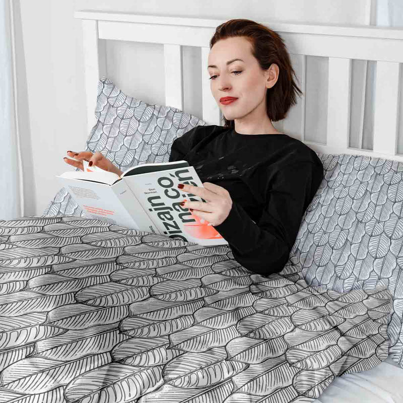 Therapy blanket and bedding set, grey with maple leaves.