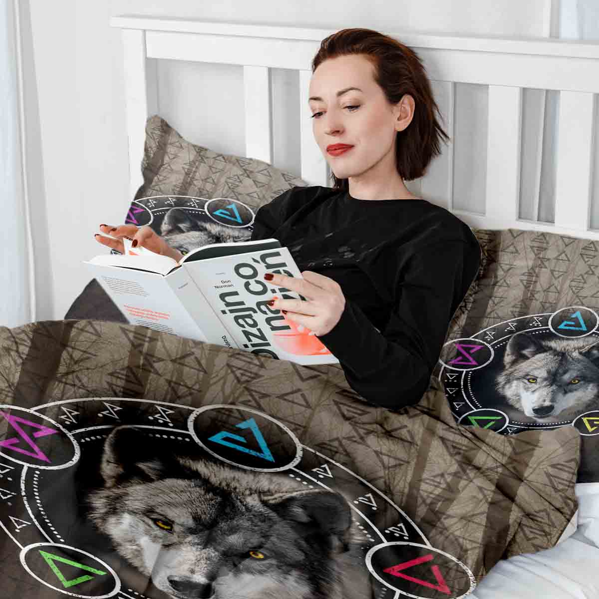 Ensemble de literie avec couverture thérapeutique marron avec loup