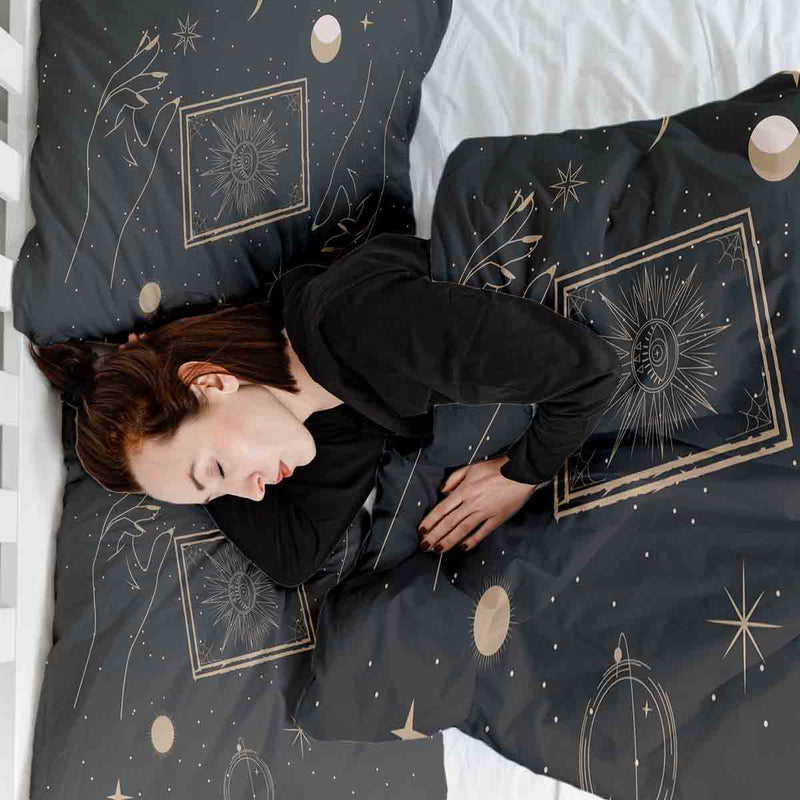 Therapy blanket and bedding set, black with sun, moon and stars.