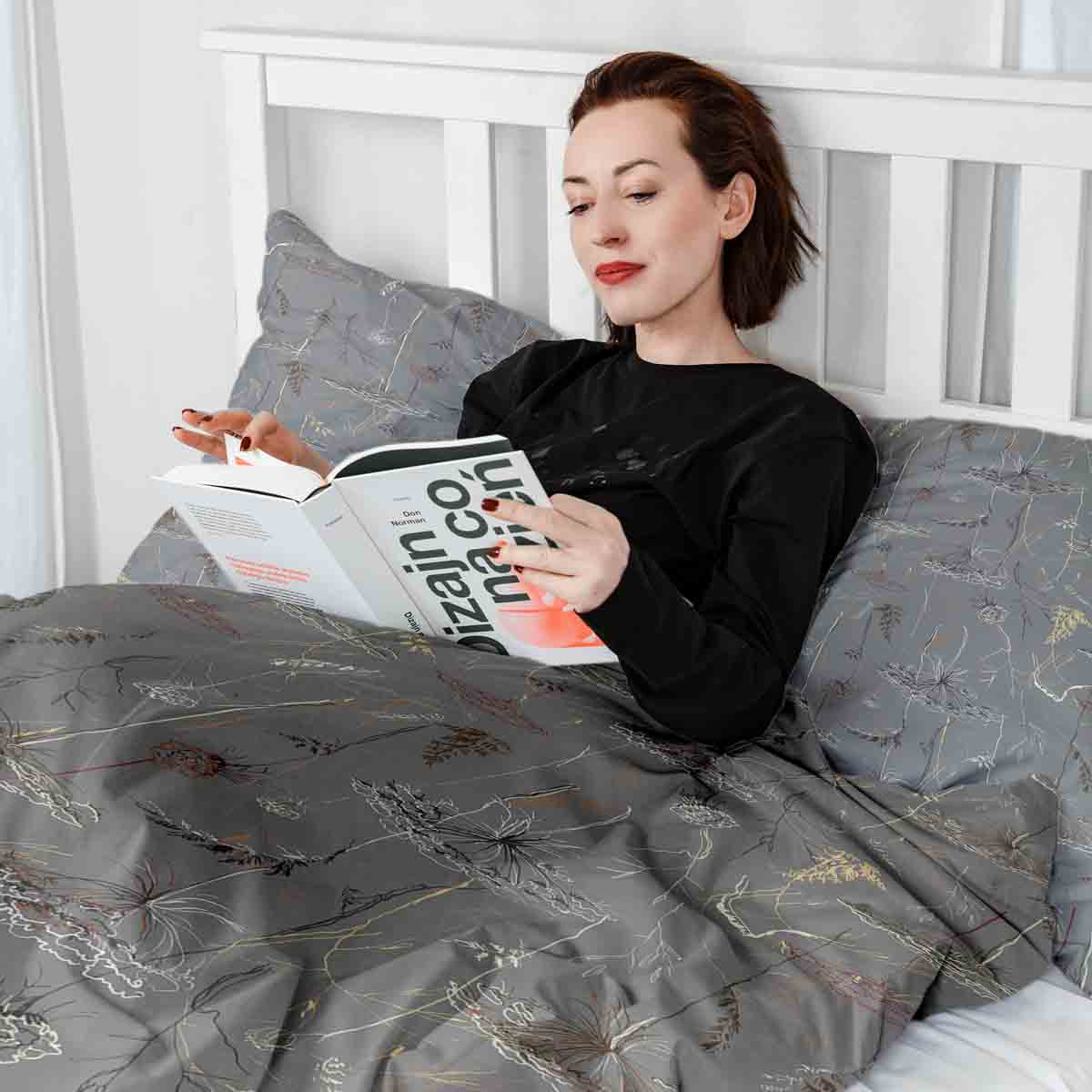 Couverture thérapeutique originale - Housse en coton grise avec plantes dorées