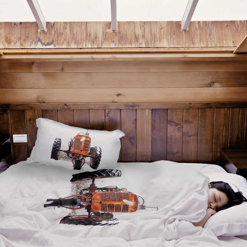 Therapy blanket bedding set, tractor design in orange.