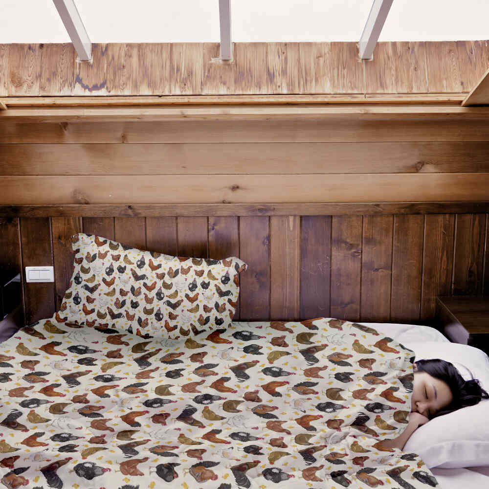 Couverture thérapeutique originale - Housse en coton blanc avec beaucoup de poulets