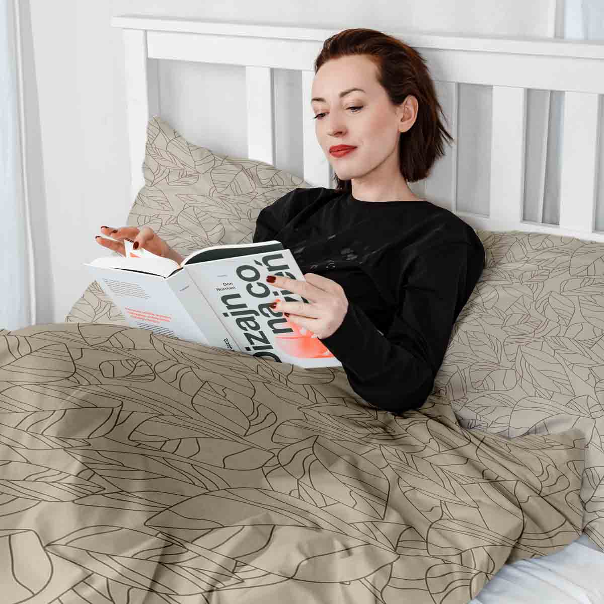 Couverture thérapeutique originale - Housse en coton beige avec motif de feuilles noir