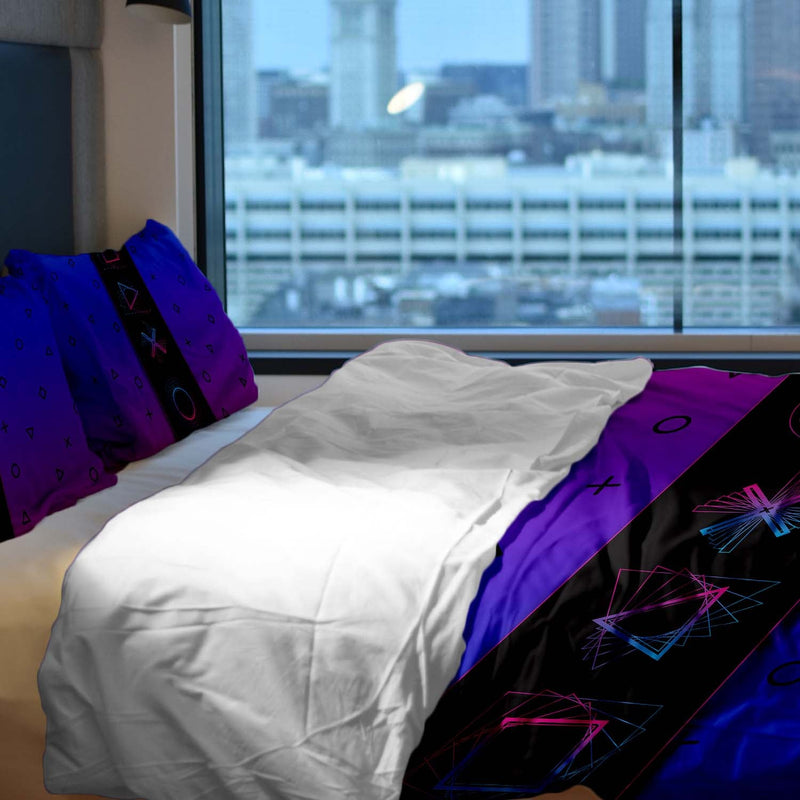 Therapy blanket bedding set, purple with shapes.