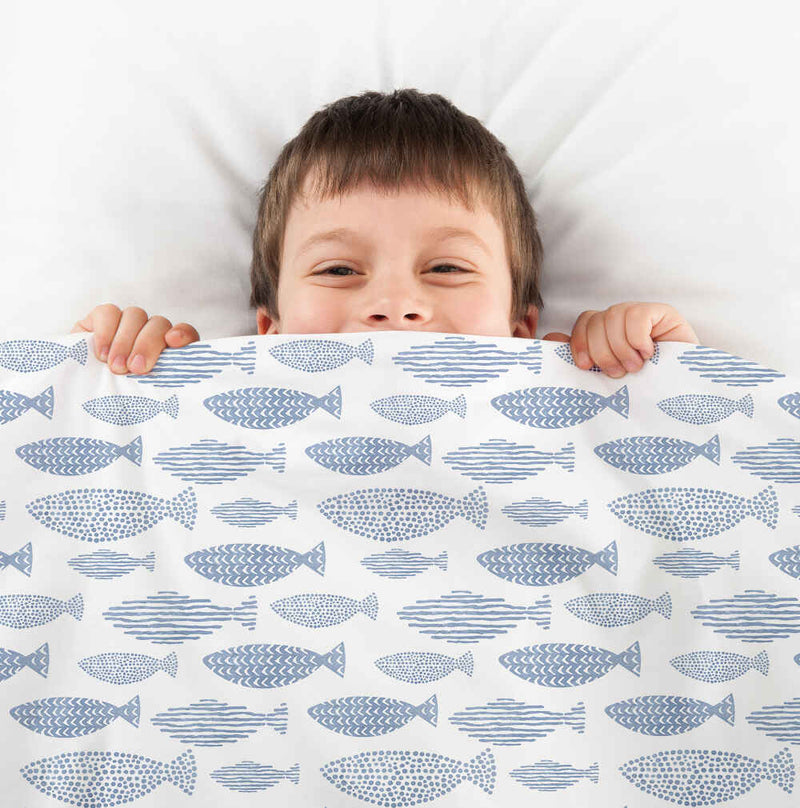 Therapy blanket and bedding set, blue fish design.