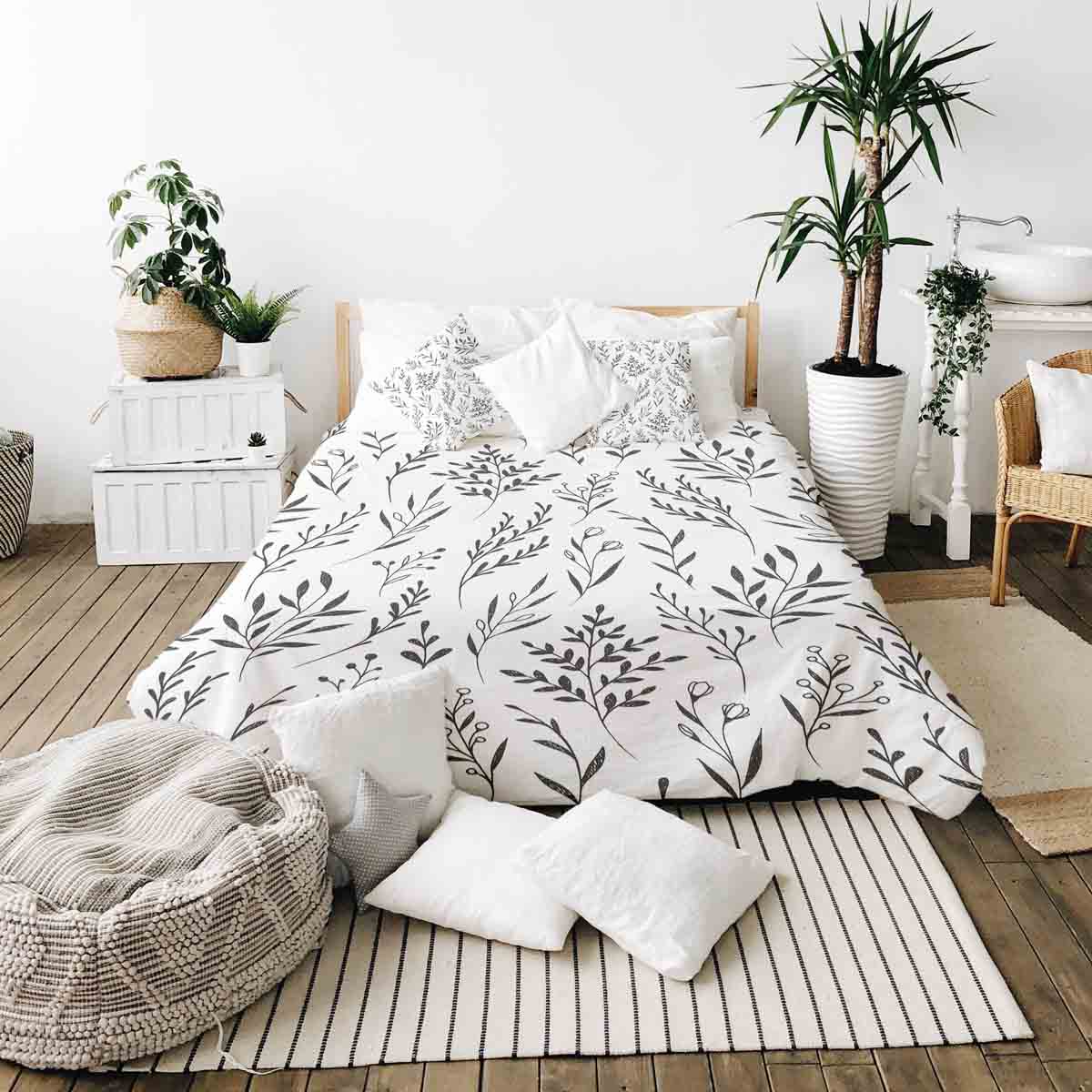 Couette thérapeutique ensemble de literie blanc avec branches noires