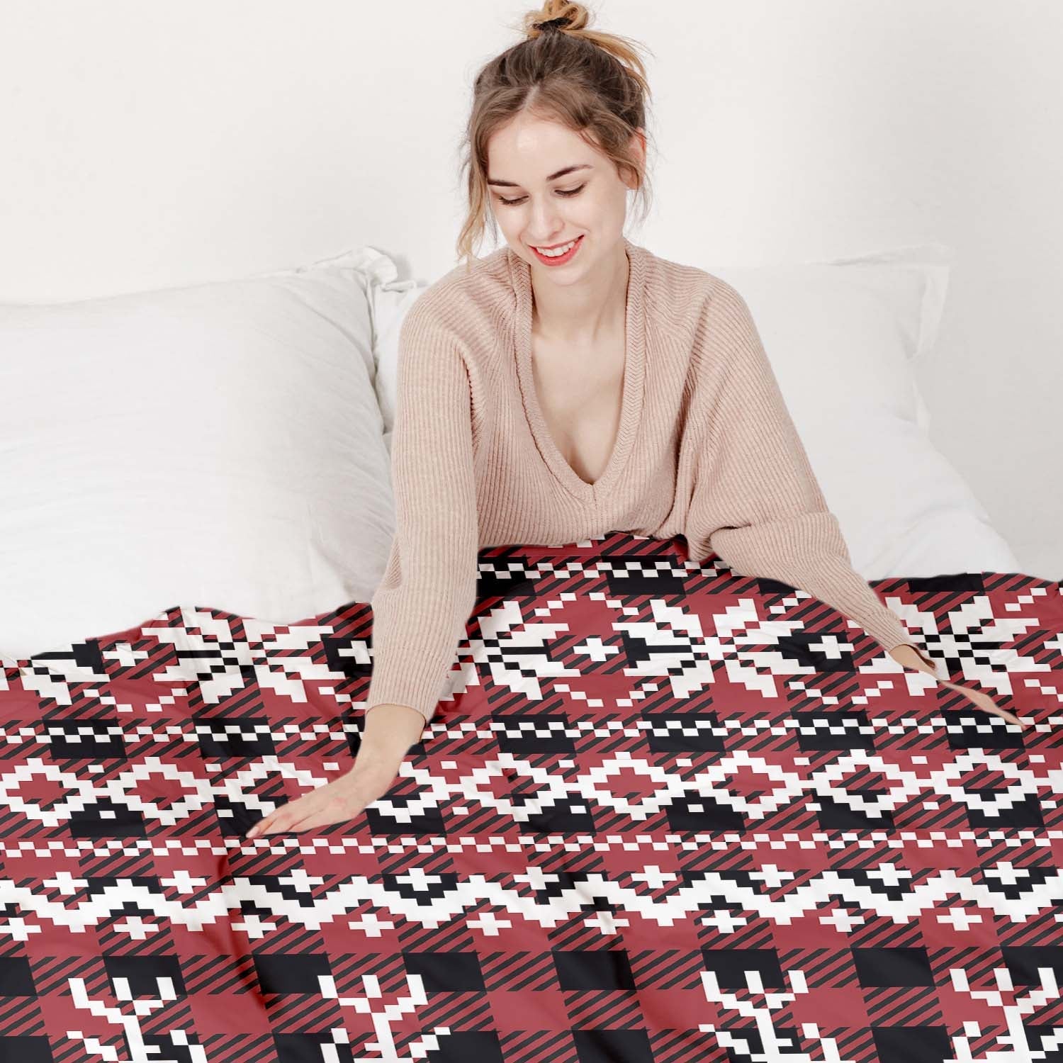 Couverture thérapeutique originale - Housse en coton à carreaux avec renne