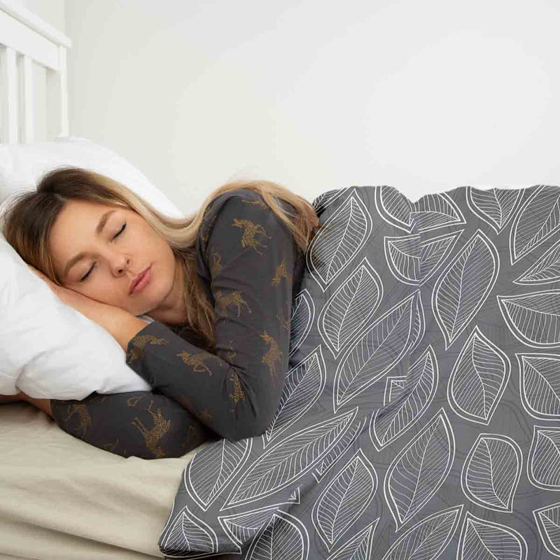 Therapy blankets and bedding set, grey with white palm leaves.