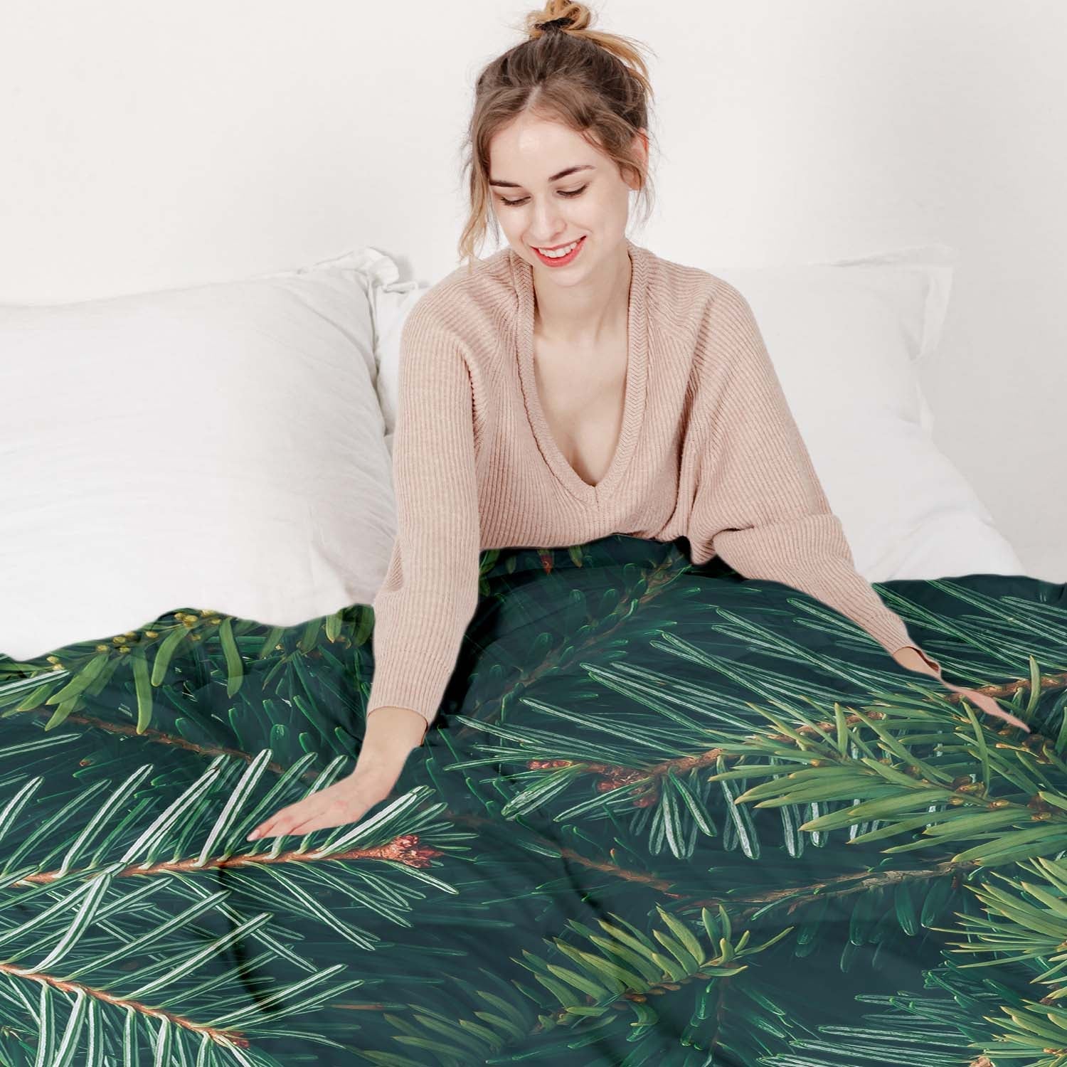 Couverture thérapeutique originale - Housse en coton avec branches de sapin vertes